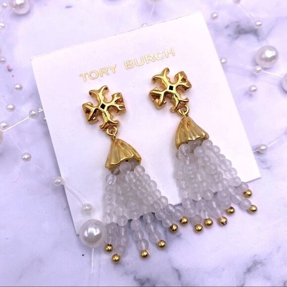 NWOT Tory Burch Gold Roxanne, White Beaded Dangle Stud Earings - Picture 7 of 9